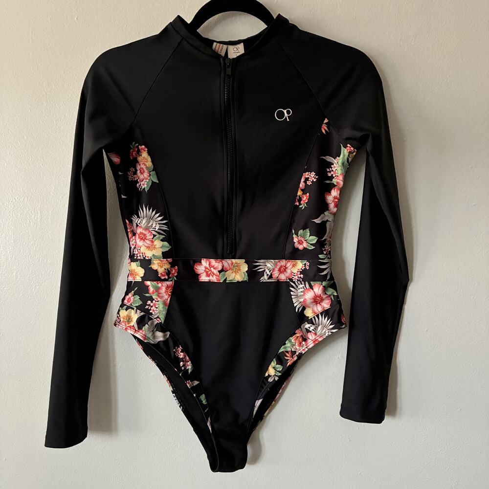 OP Ocean Pacific Floral Surf Suit One Piece Swimsuit Long Sleeve Women's L NWT